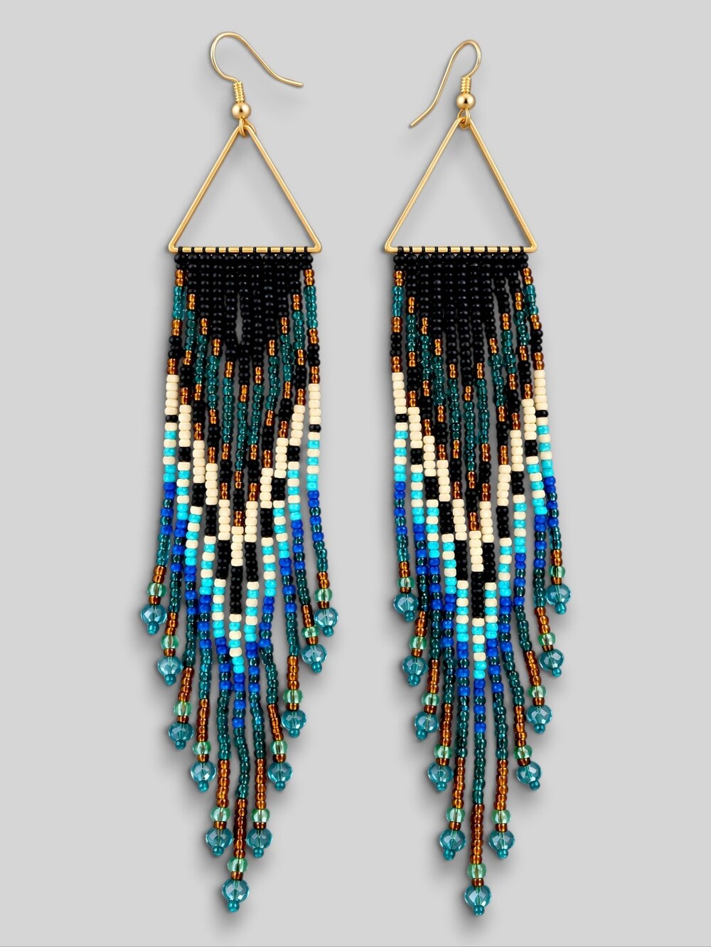 Coastal Blue Boho Fringe Seed Beads Earrings Handmade Geo Beaded Jewelry